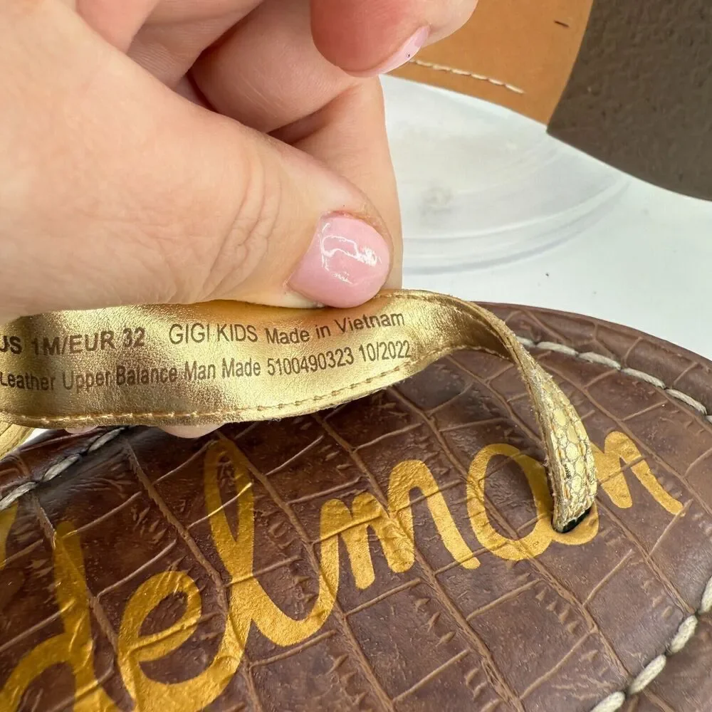 Sam Edelman Girls Gigi Thong Sandal Size 1 Gold Faux Leather Flat